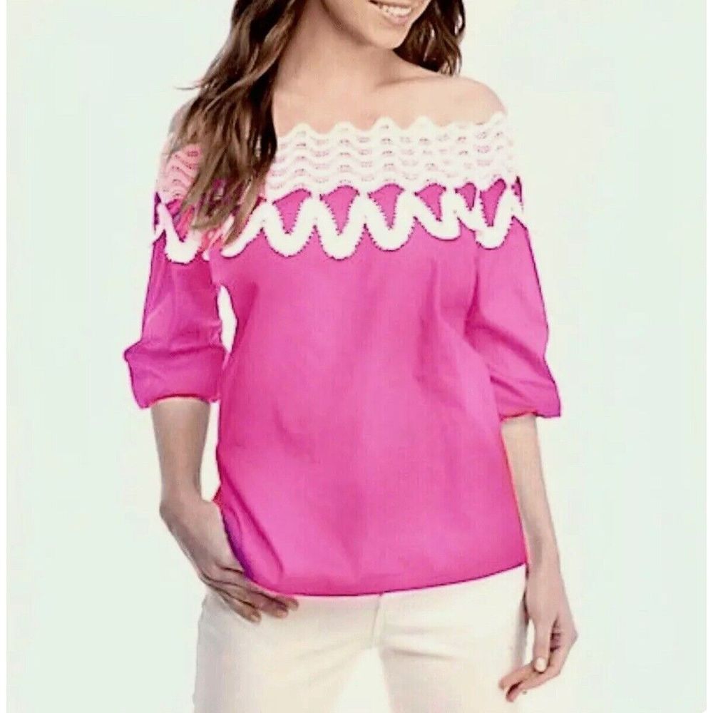 Crown Ivy Off Shoulder Shirt Women's XL Pink Crochet Lace Trim Cotton 3/4 Sleeve